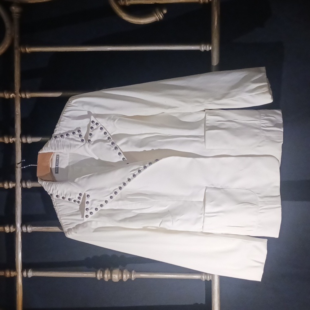 Anna Huling white denim blazer with studded collar and wing lapel